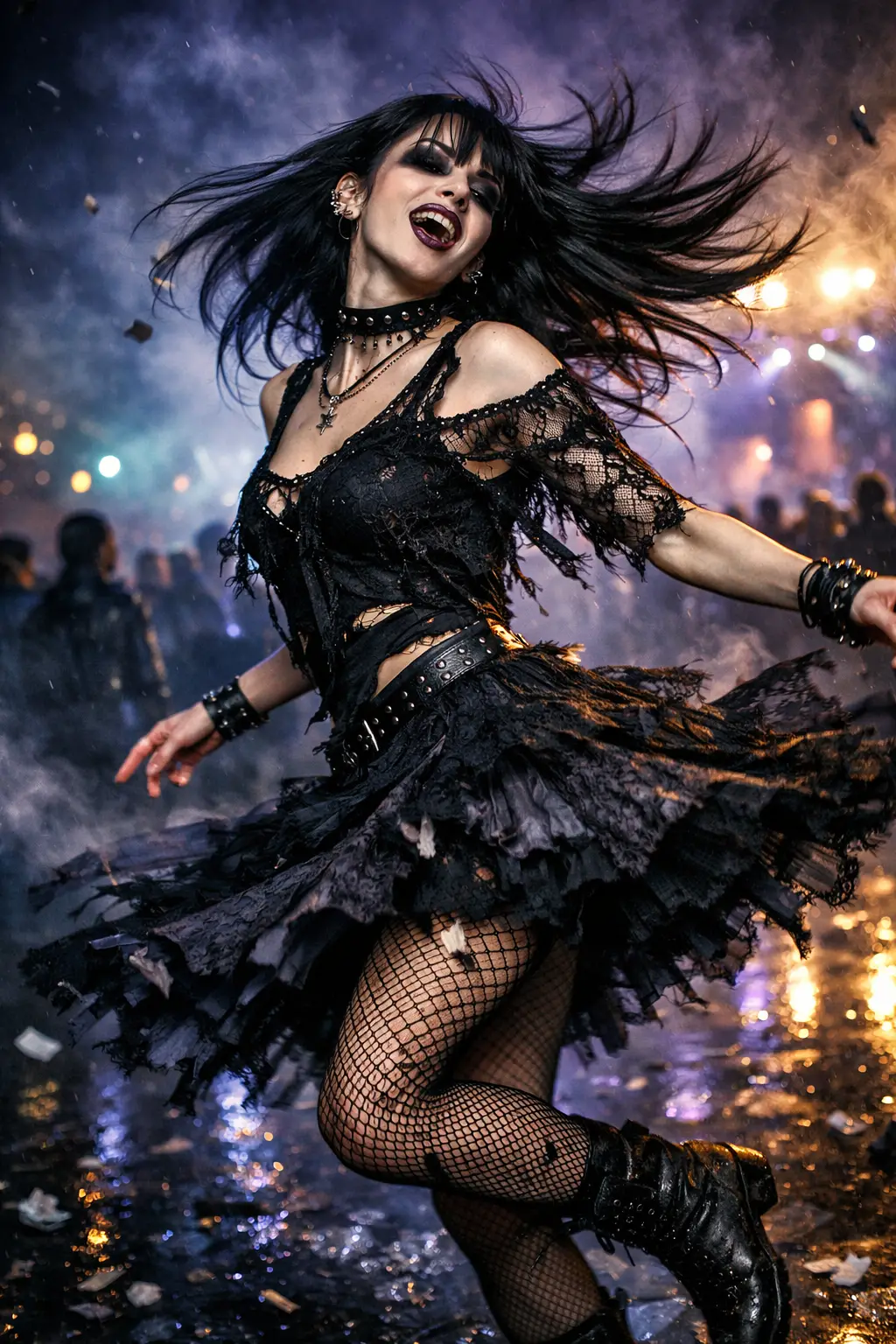 Gothic woman dancing wildly at a dark wave festival