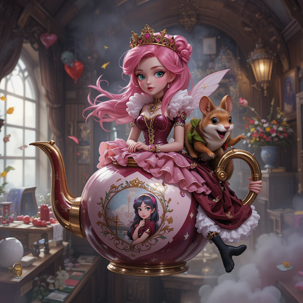 Fantasy queen flying in a teapot through the sky