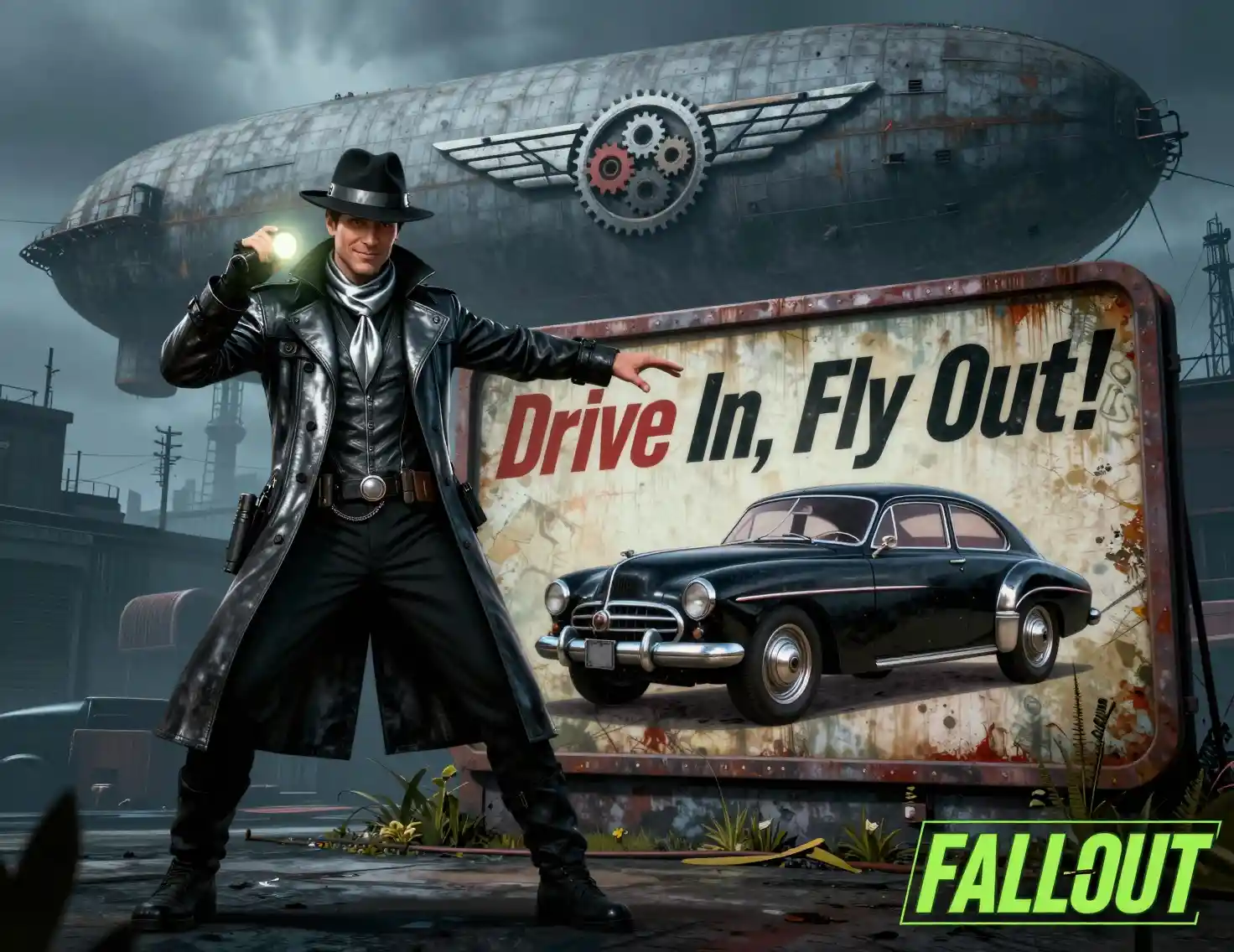 Smiling sci fi detective posing by retro car billboard