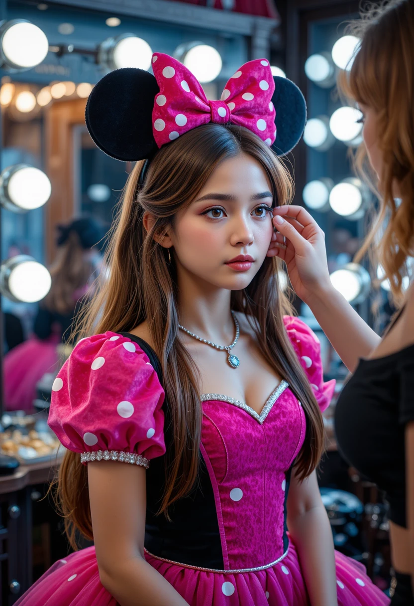 Niño con vestido rosa de Minnie en probador de boutique