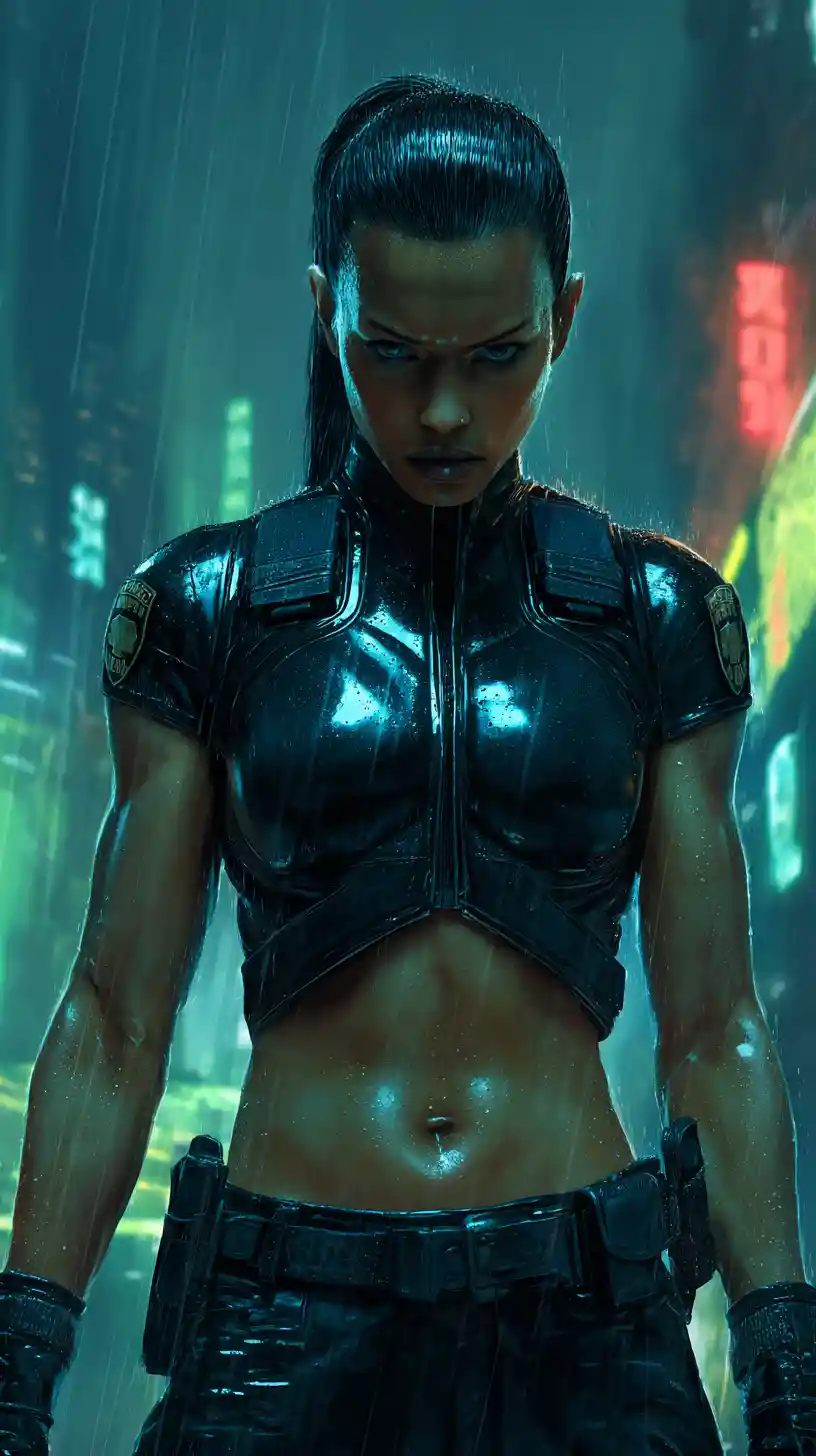 Policial Musculosa Cyberpunk em Rua Chuvosa de Néon