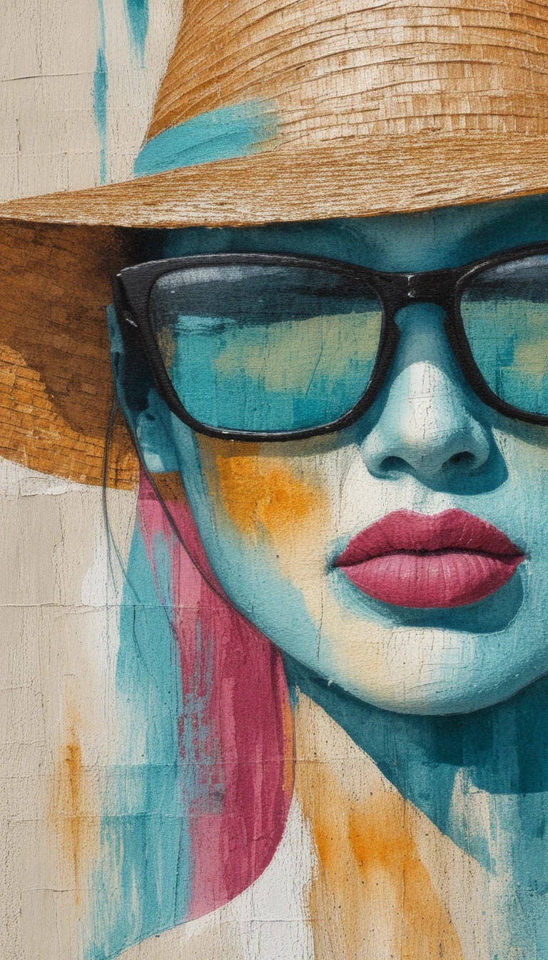 Primer plano en impasto de mujer negra con sombrero de paja y gafas de sol