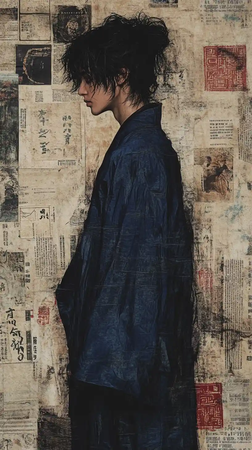 Profile portrait in blue robe on textured parchment collage