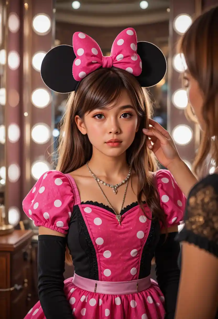 Boy in pink Minnie dress getting makeup in boutique
