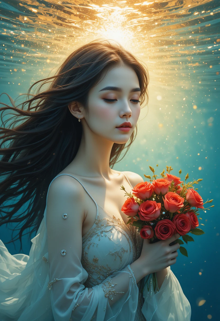 Ethereal woman with roses floating in golden underwater light
