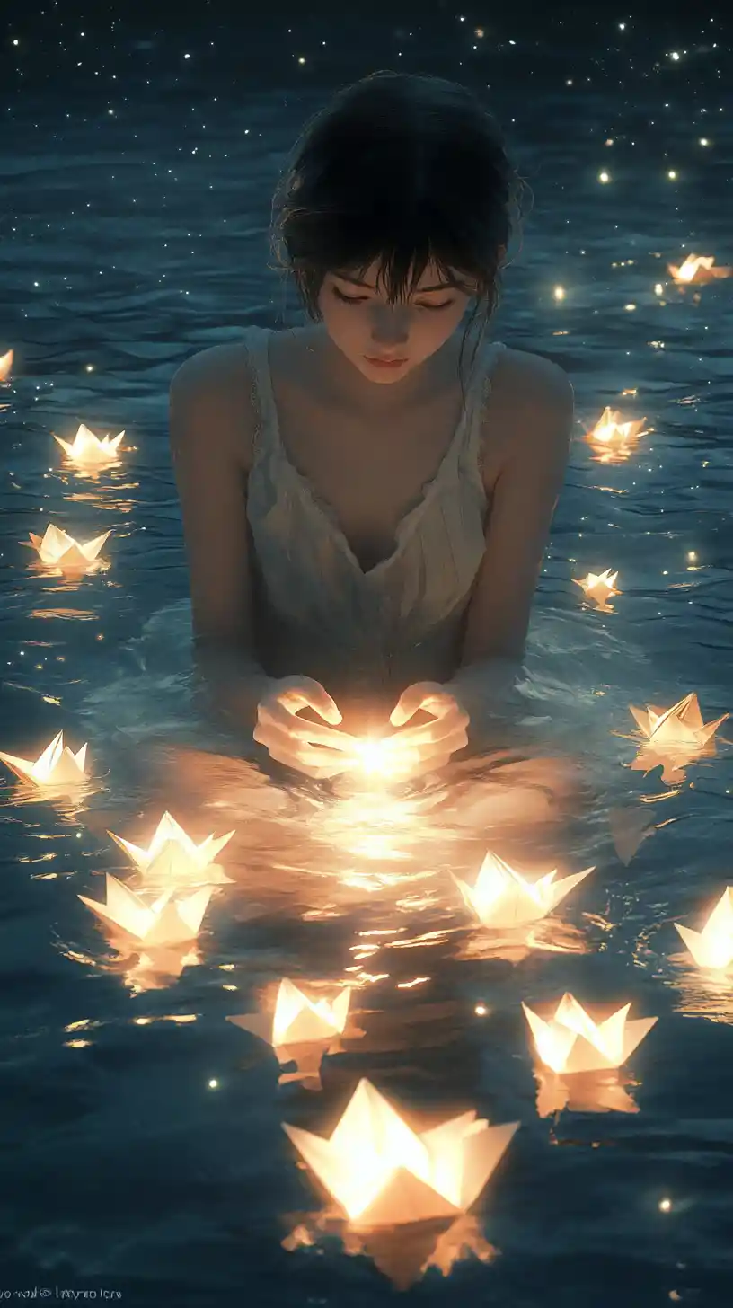 Girl holding glowing light on a night lake