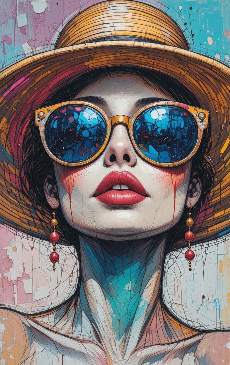 Colorful impasto close up of woman in straw hat