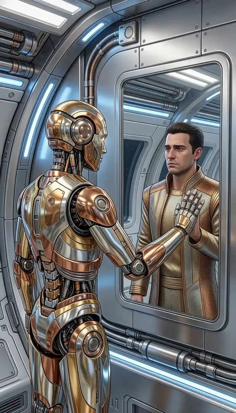 Humanoid robot touching a mirror with a human reflection
