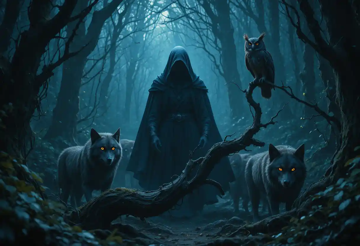 Hooded guardian emerging from darkness with wolves