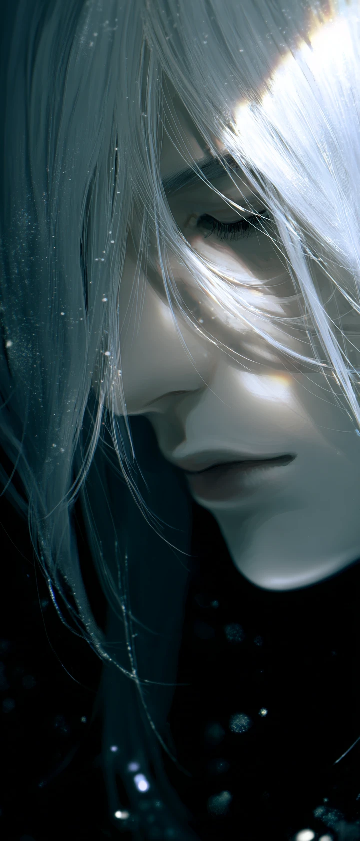 Chico de anime melancólico en retrato de medio perfil a la luz de la luna