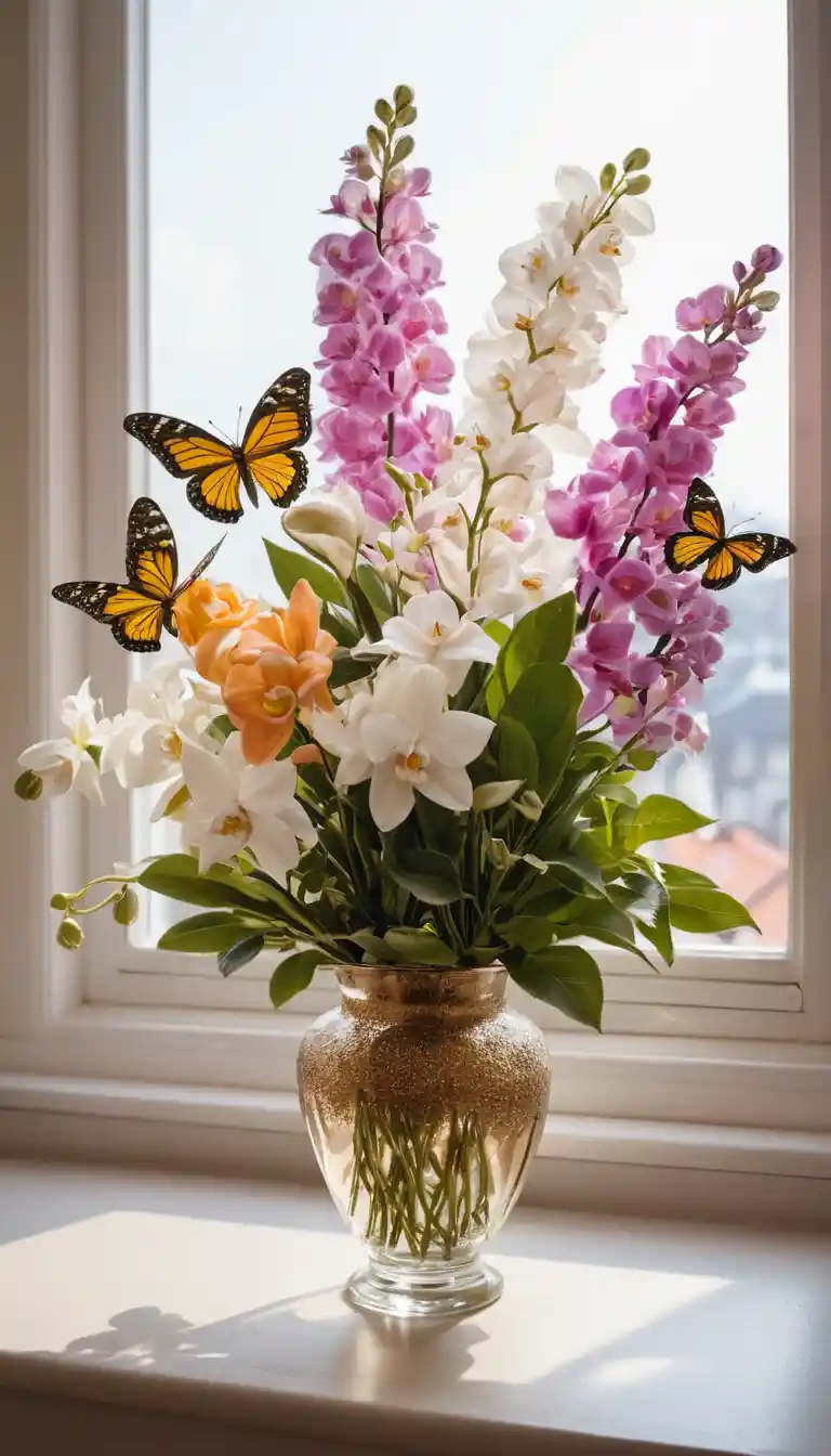 Birthday flower bouquet with butterflies in vintage living room