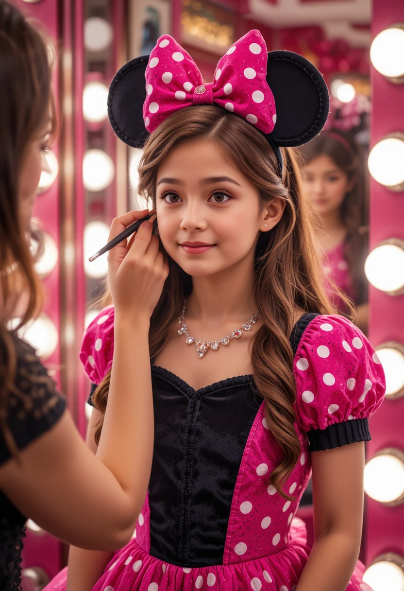 Niño pequeño con vestido rosa de Minnie recibiendo un cambio de look