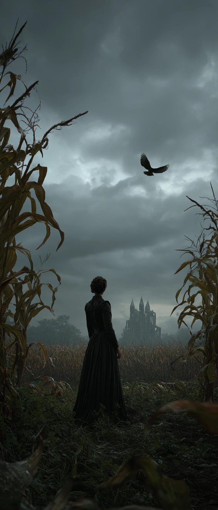 Gothic young woman in an overgrown cornfield under dark skies