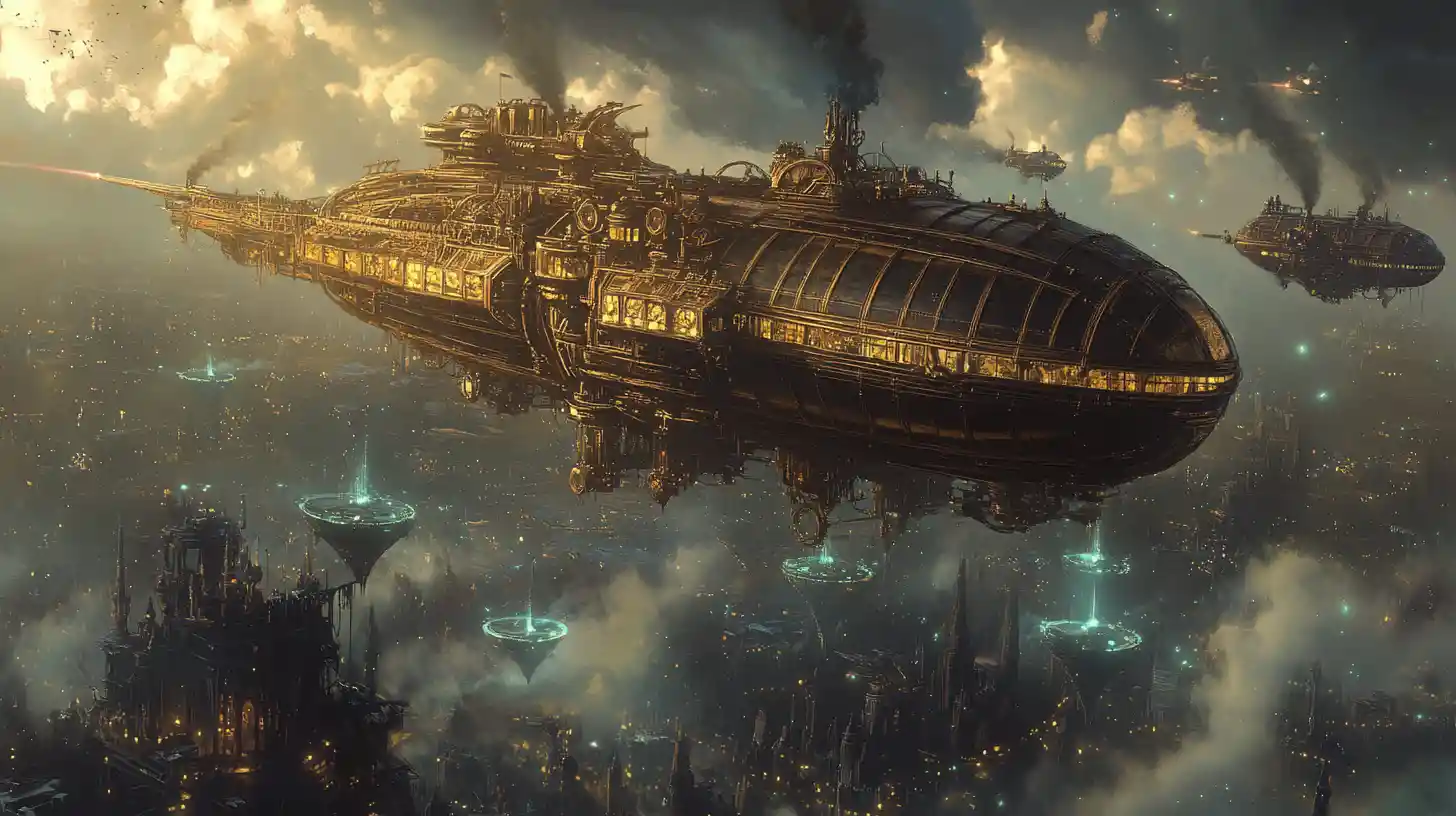 Gigantic steampunk airship among floating islands and creatures