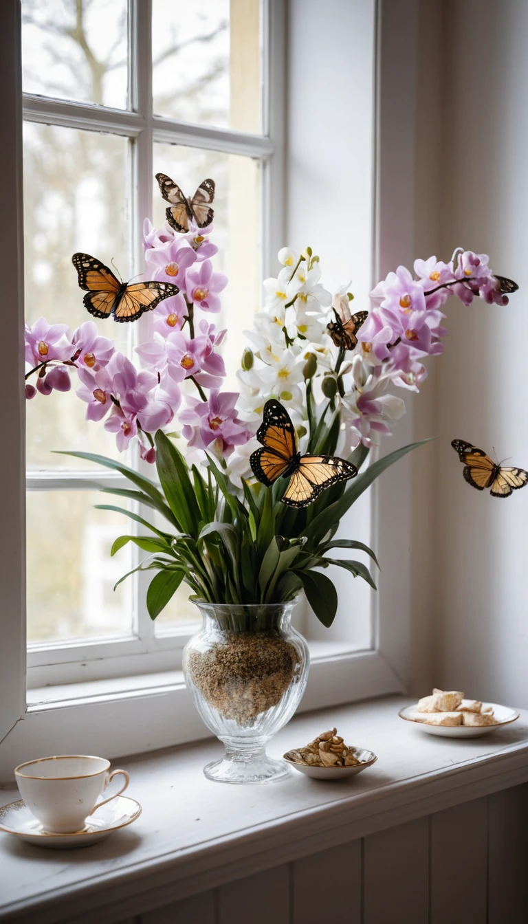 Encantador buquê de flores de aniversário com borboletas no vaso