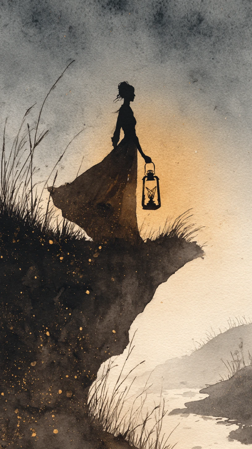 Woman With Lantern On Misty Cliff At Coastal Dusk