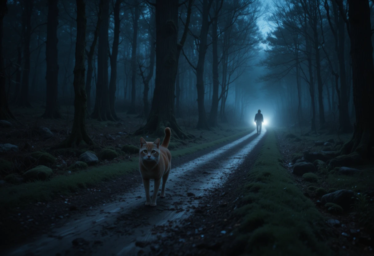 Gato y perro caminando silenciosamente por la oscura noche del bosque