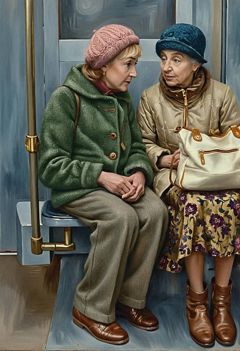 Two elderly women talking on a public transport seat