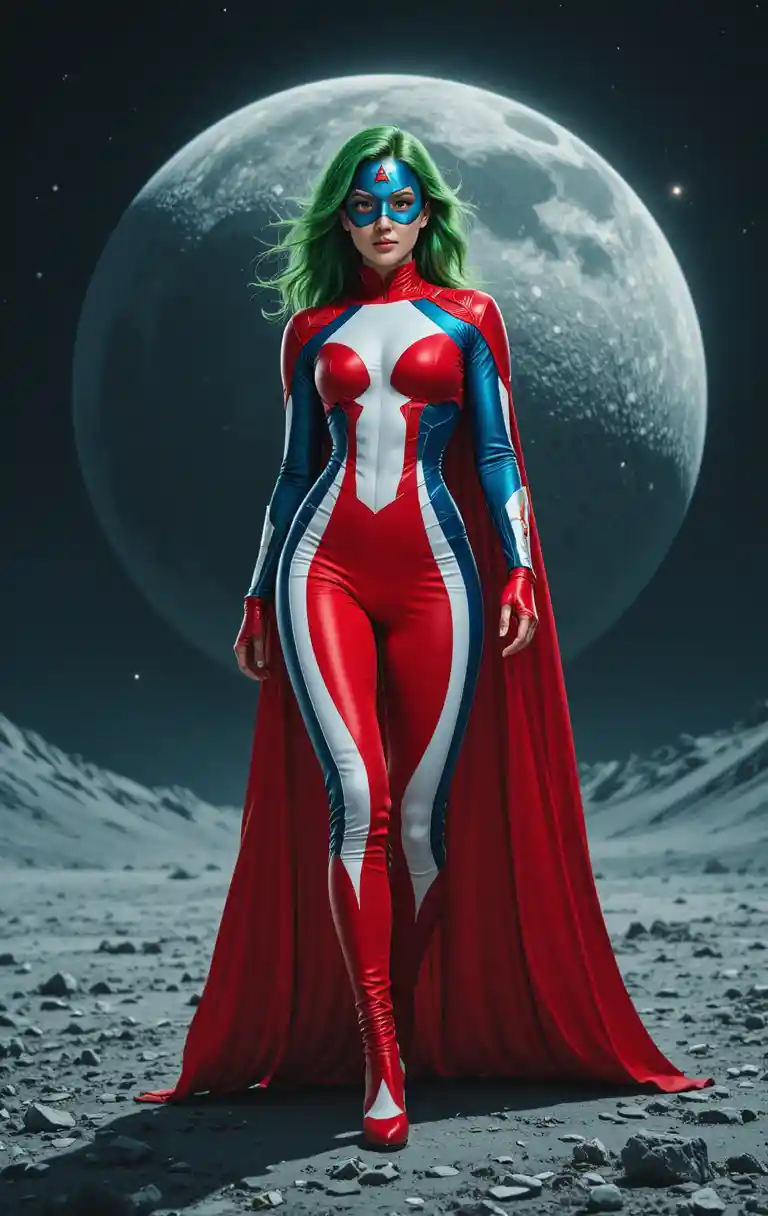 Superhero woman striding across the moon in bold colors