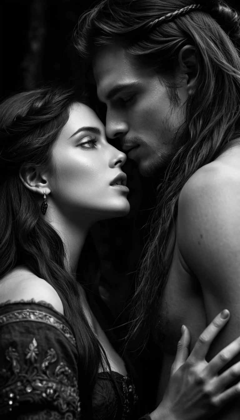 Intimate close up kiss with a witch in ancient ruins