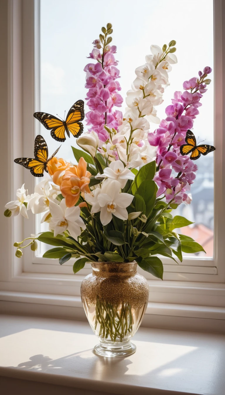 Ramo de flores de cumpleaños con mariposas en salón vintage