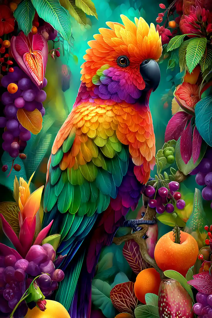 Colorful cockatoo portrait in lush tropical greenery
