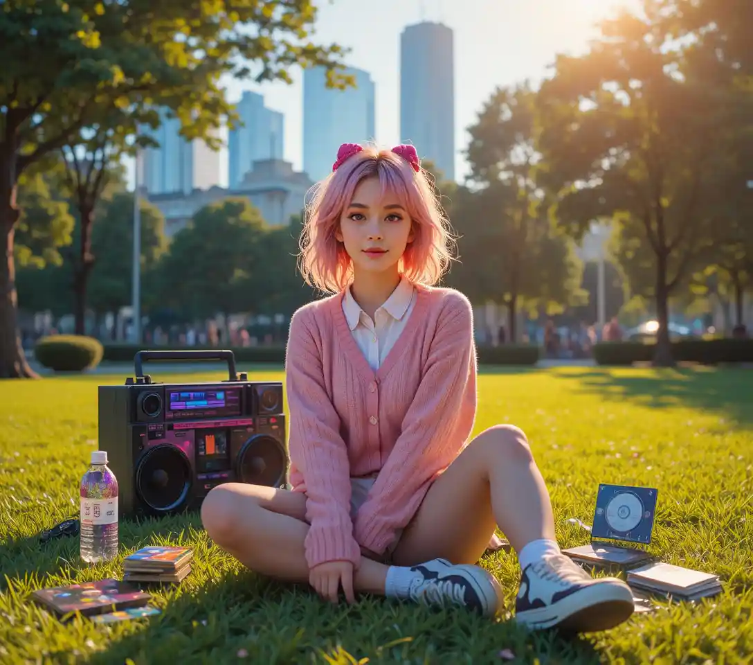 Pink haired girl relaxing with music in a city park