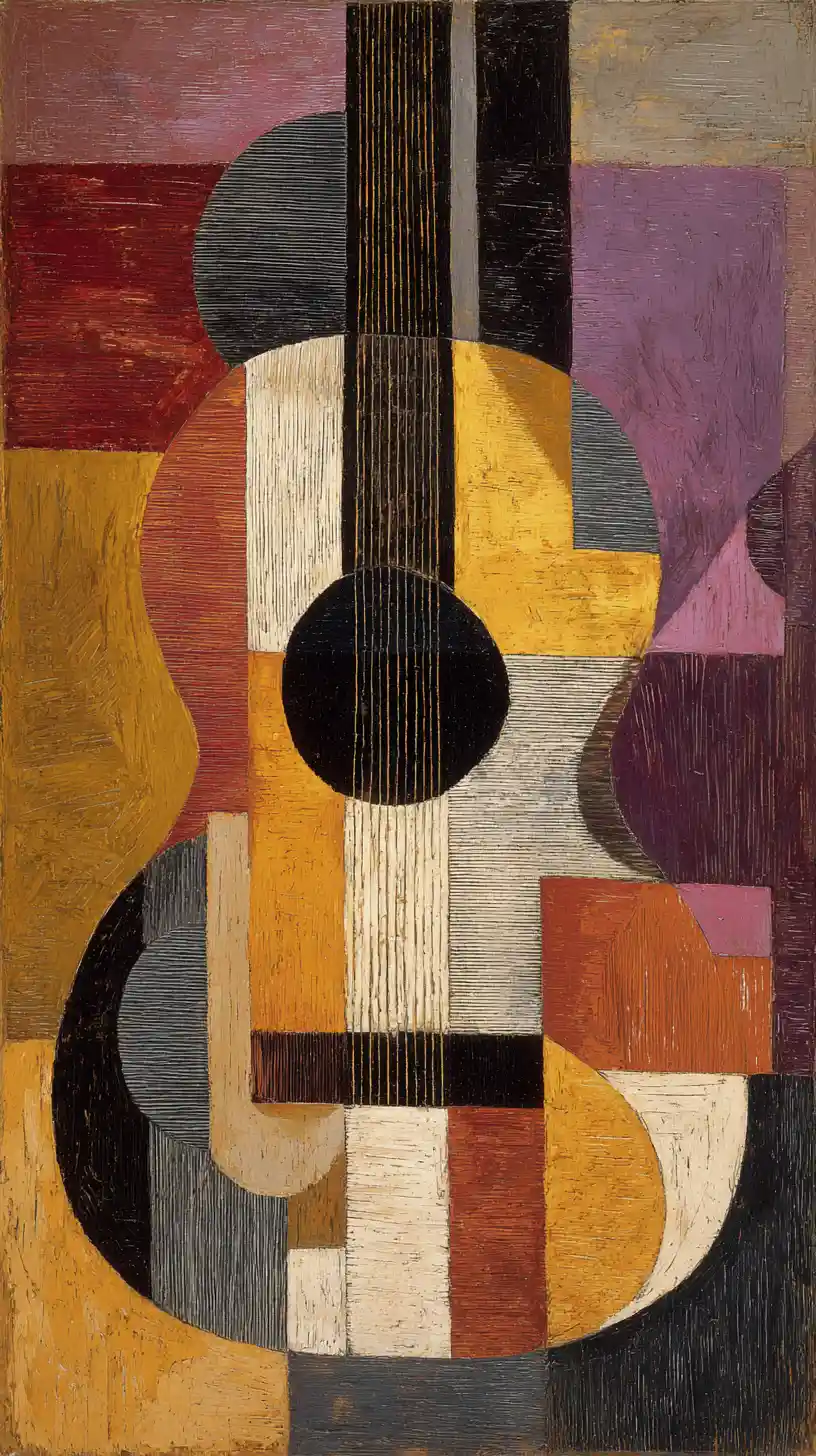 Abstract cubist guitar painting with geometric fragmented forms