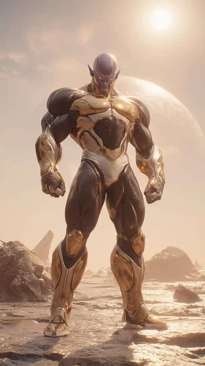 Golden armored female warrior on an alien crystal world