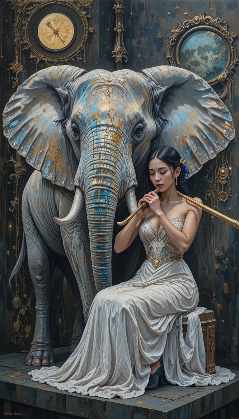 Elefante branco carregando uma mulher em estilo de pintura impasto