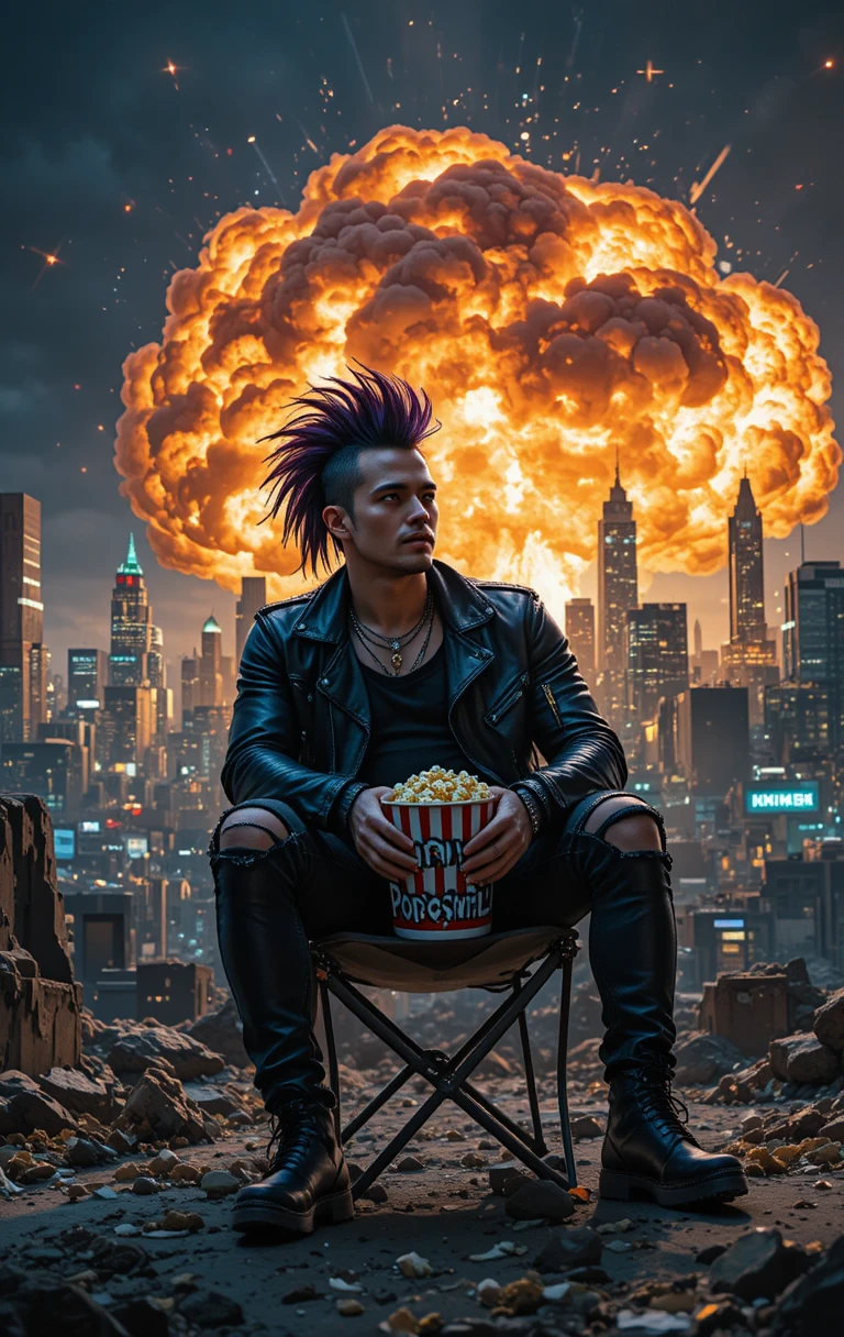 Punk man relaxing with popcorn before a city explosion