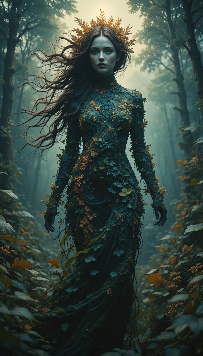 Surreal woman merging with a vibrant forest and sky