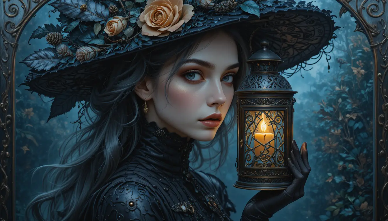 Gothic vampire woman with flowing grey hair in victorian dress