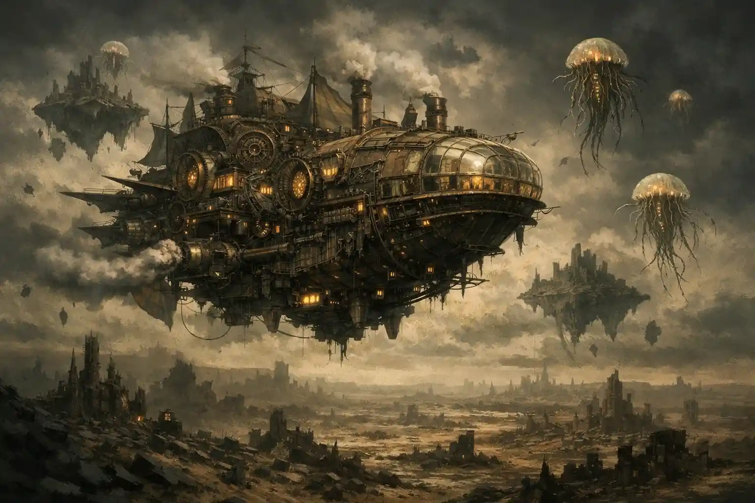 Gigantic steampunk airship gliding among surreal floating islands