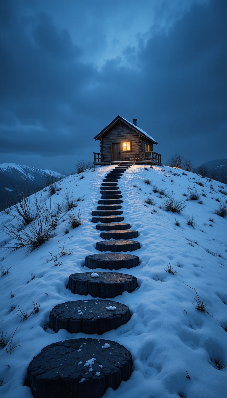 Gemütliche Holzhütte leuchtet auf einem verschneiten Hügel in der Dämmerung
