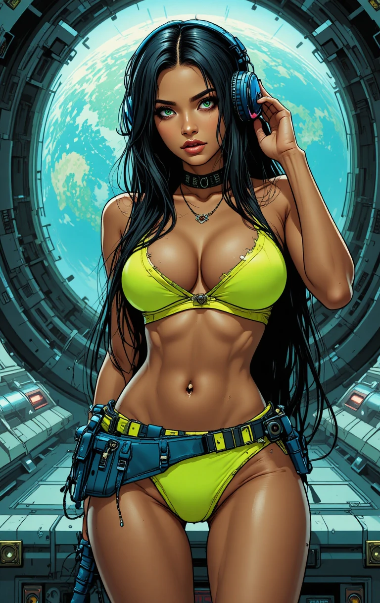 Femme de science‑fiction se relaxant dans une station spatiale futuriste