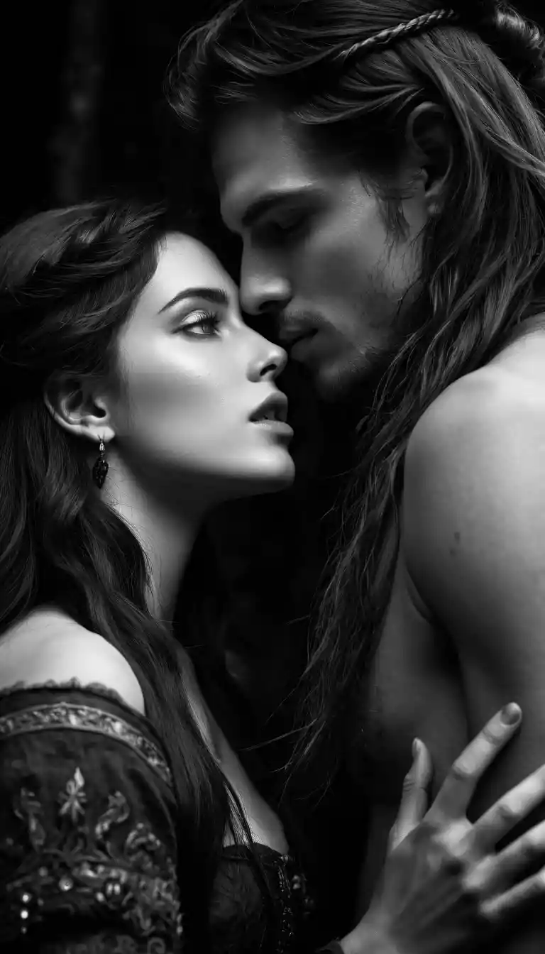 Intimate close up kiss with a witch in ancient ruins