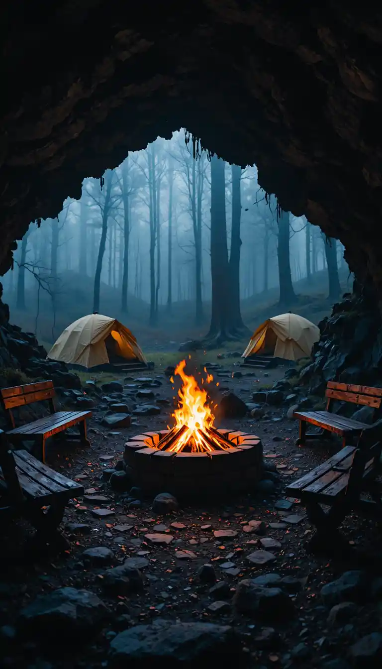 Lagerfeuer leuchtet am Eingang einer dunklen Höhle