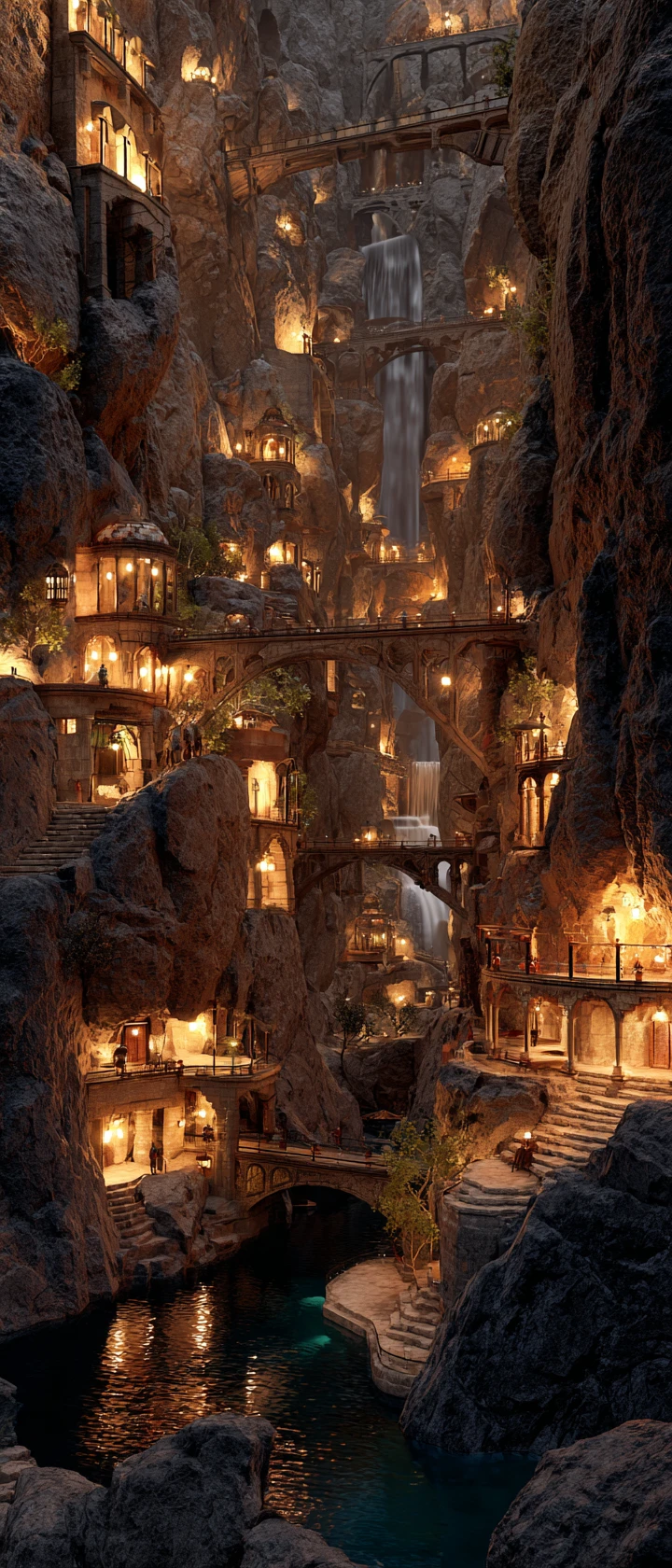 Fantasiestadt in einer Schlucht mit Brücken und leuchtenden Wasserfällen