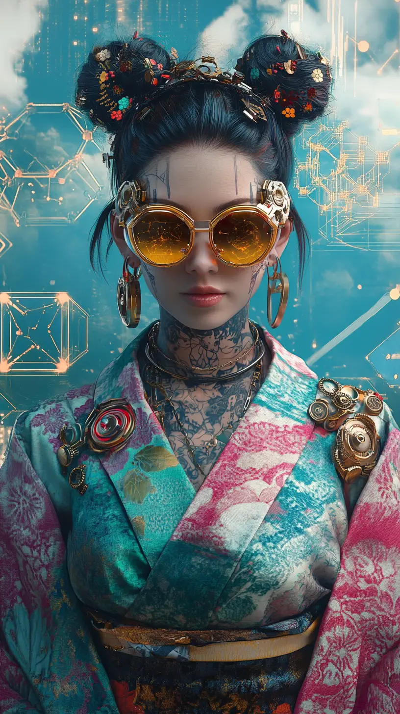 Cyberpunk woman in teal and pink kimono portrait