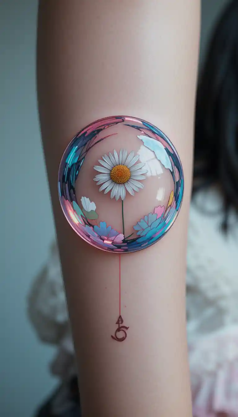 Tatuaje minimalista de burbuja flotante con margarita dentro