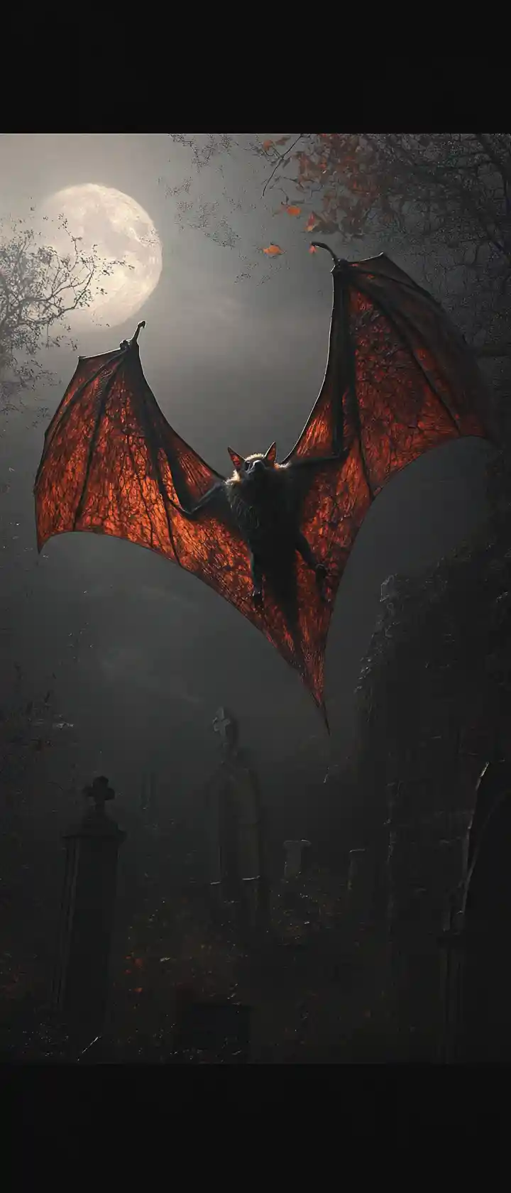 Pipistrello in cimitero vittoriano al chiaro di luna illustrazione dark fantasy