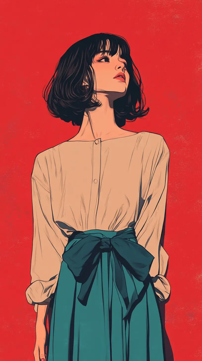 Stylish woman in teal skirt before bold red poster