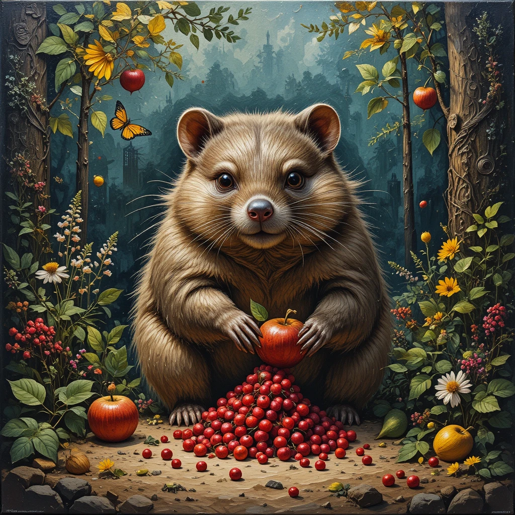 Whimsical wombat with fruit in a sunlit forest painting