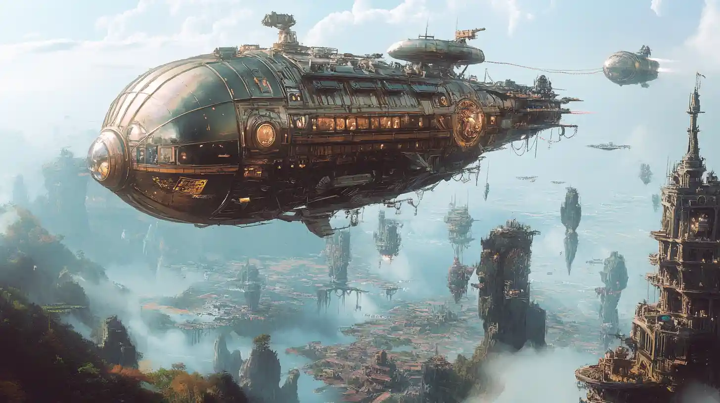 Gigantic steampunk airship among floating islands and creatures