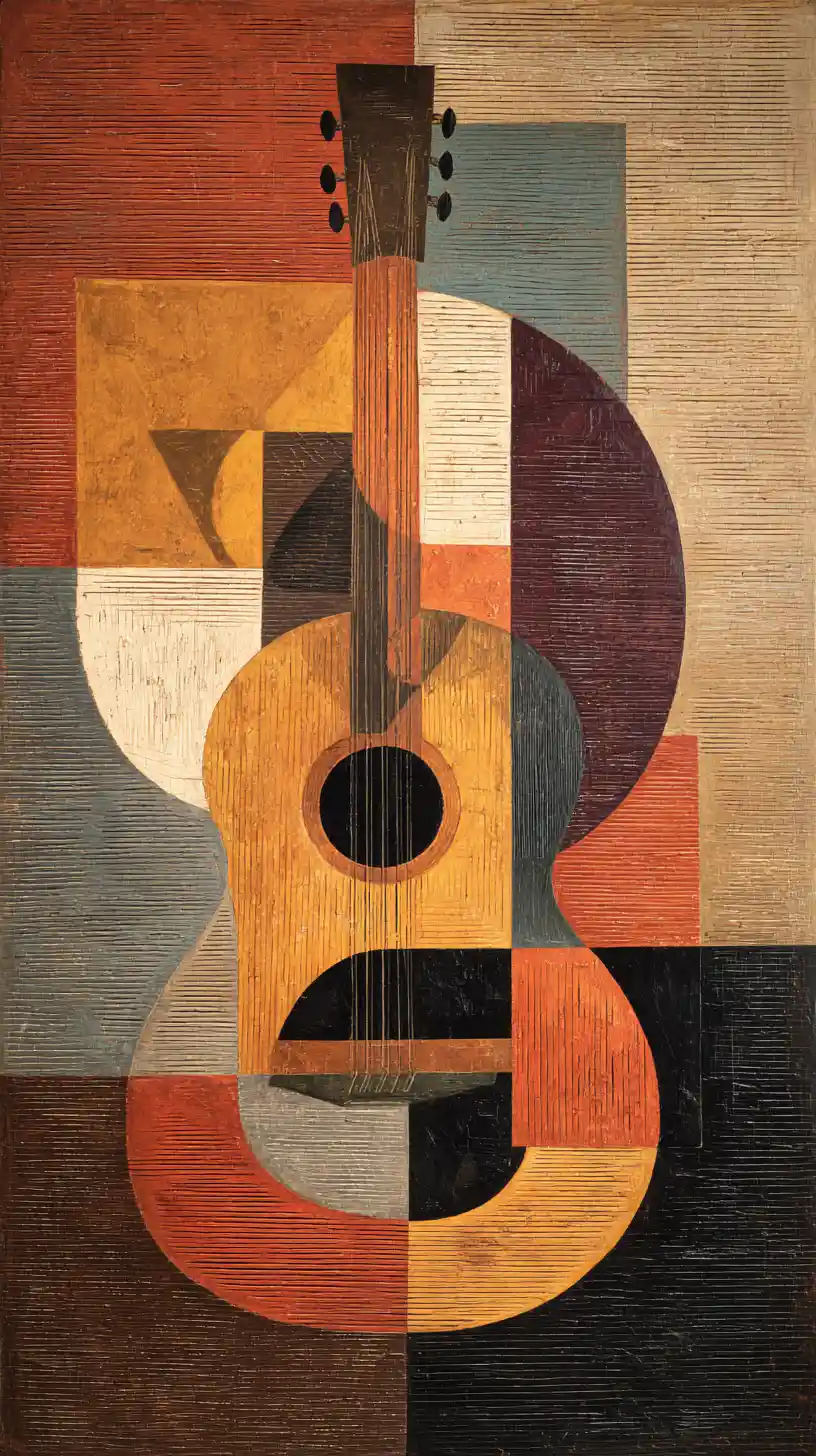 Cubist acoustic guitar painting with fragmented geometric forms