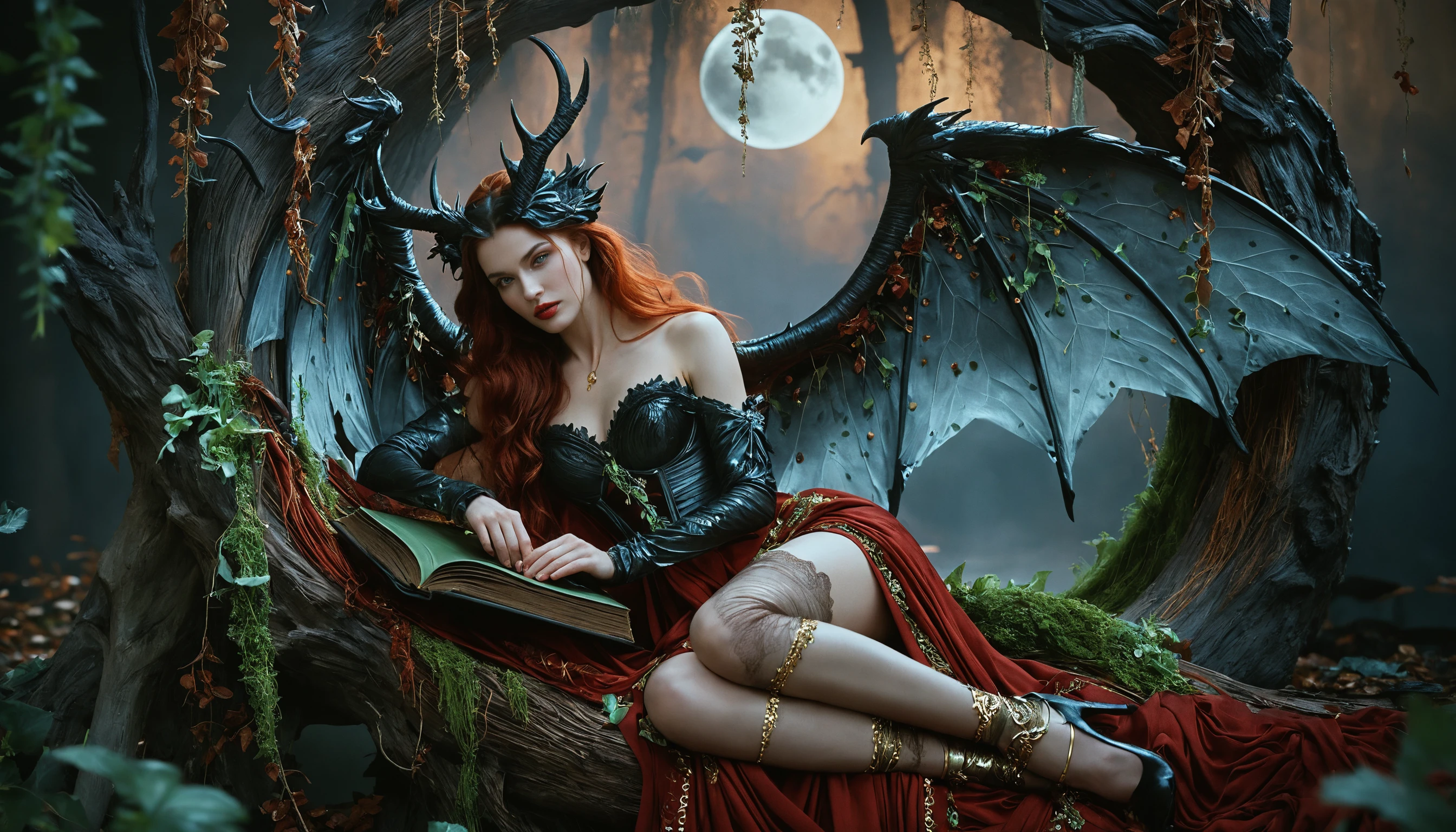 Fallen angel woman in dark gothic moonlit scene