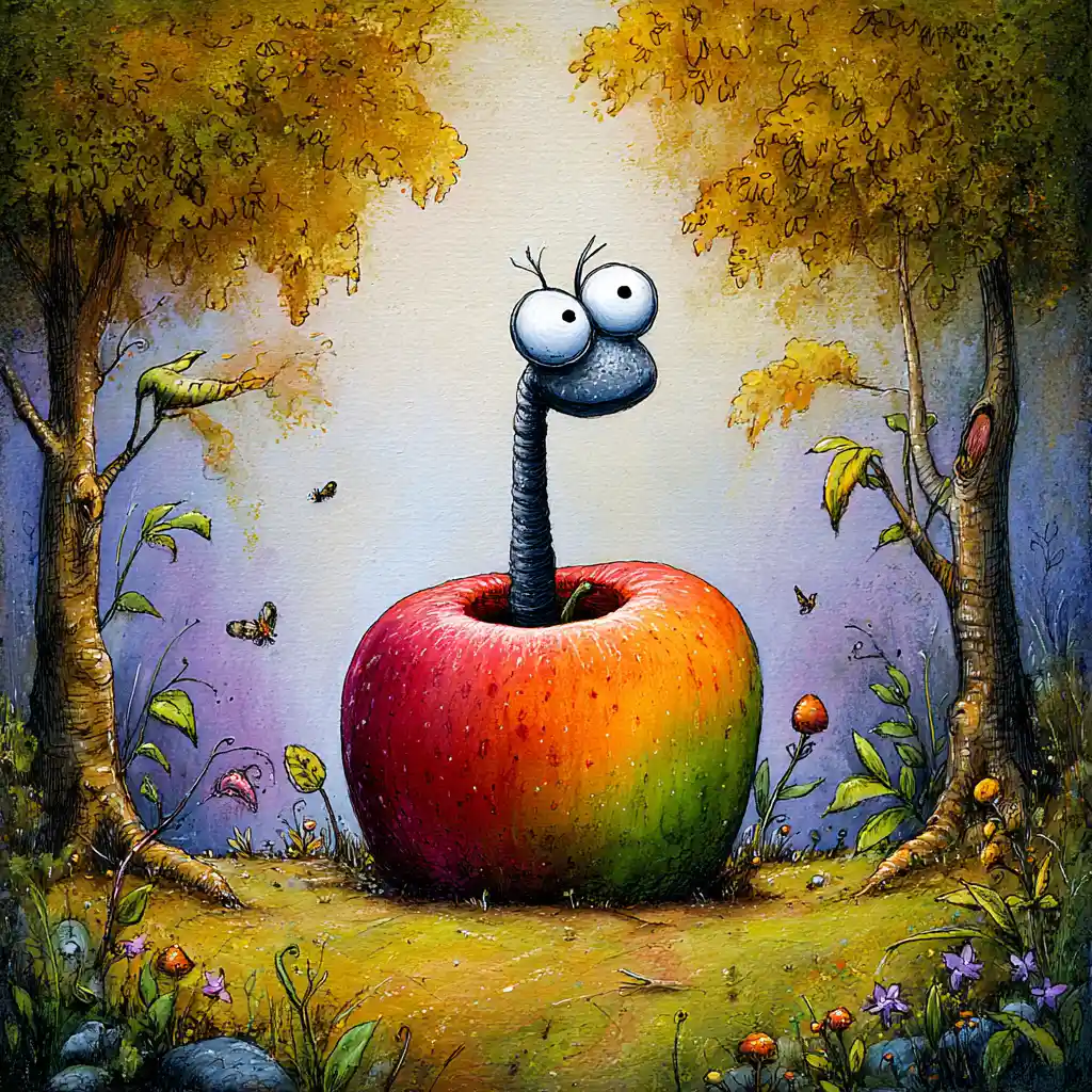 Playful worm in an apple in a bright forest