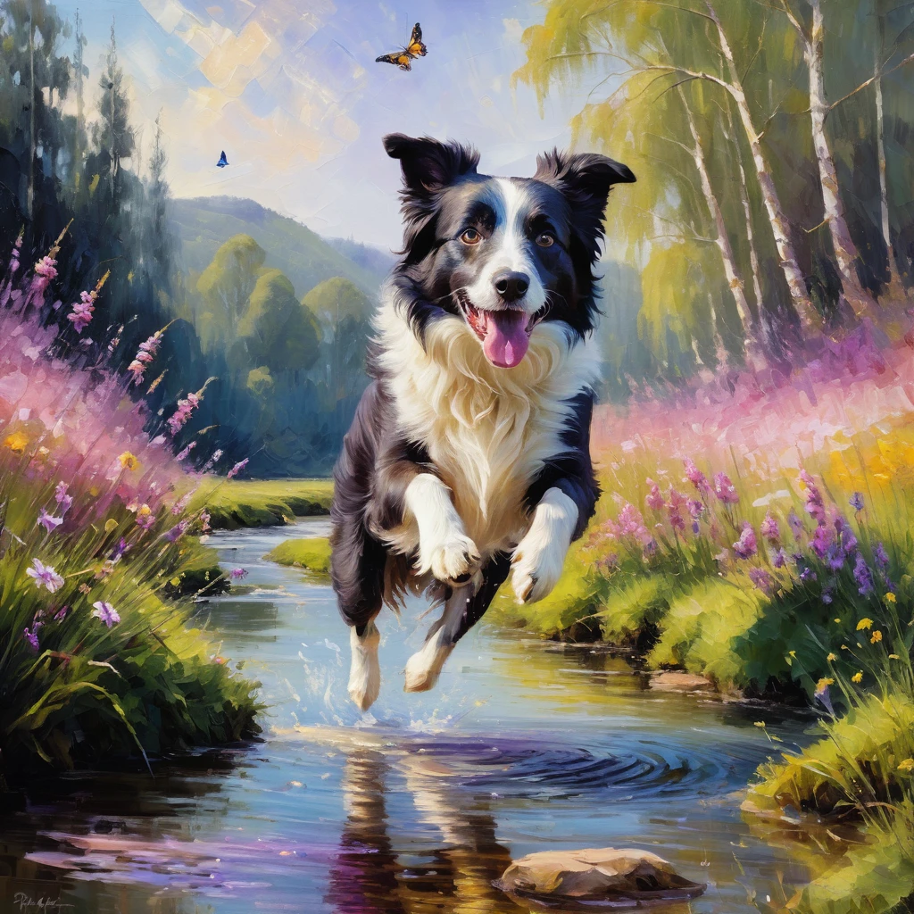 Border collie che salta un ruscello in un prato primaverile
