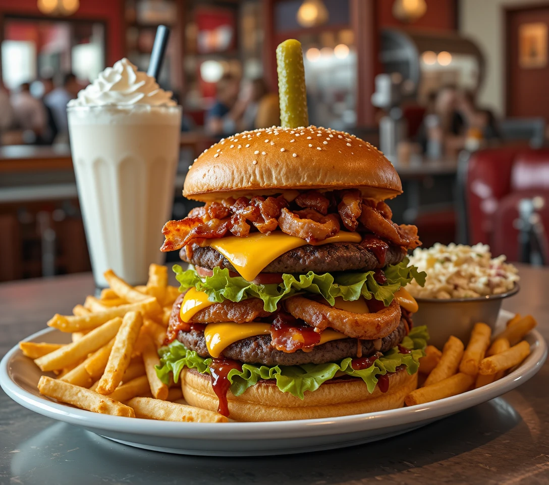Triplo cheeseburger com batatas fritas e milk-shake no balcão de uma lanchonete retrô